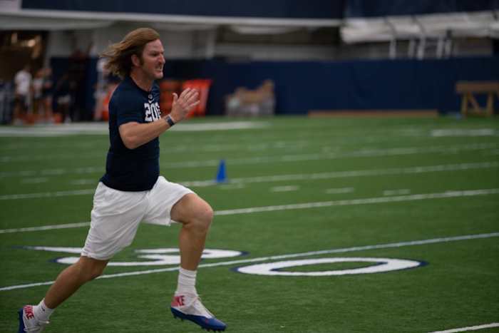 Eli Manning participates in a Penn State football tryout as the viral sensation Chad Powers.